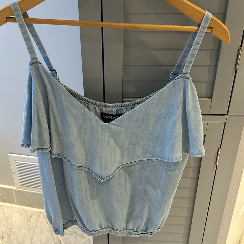 Bebe chambray cold shoulder ruffle top  medium